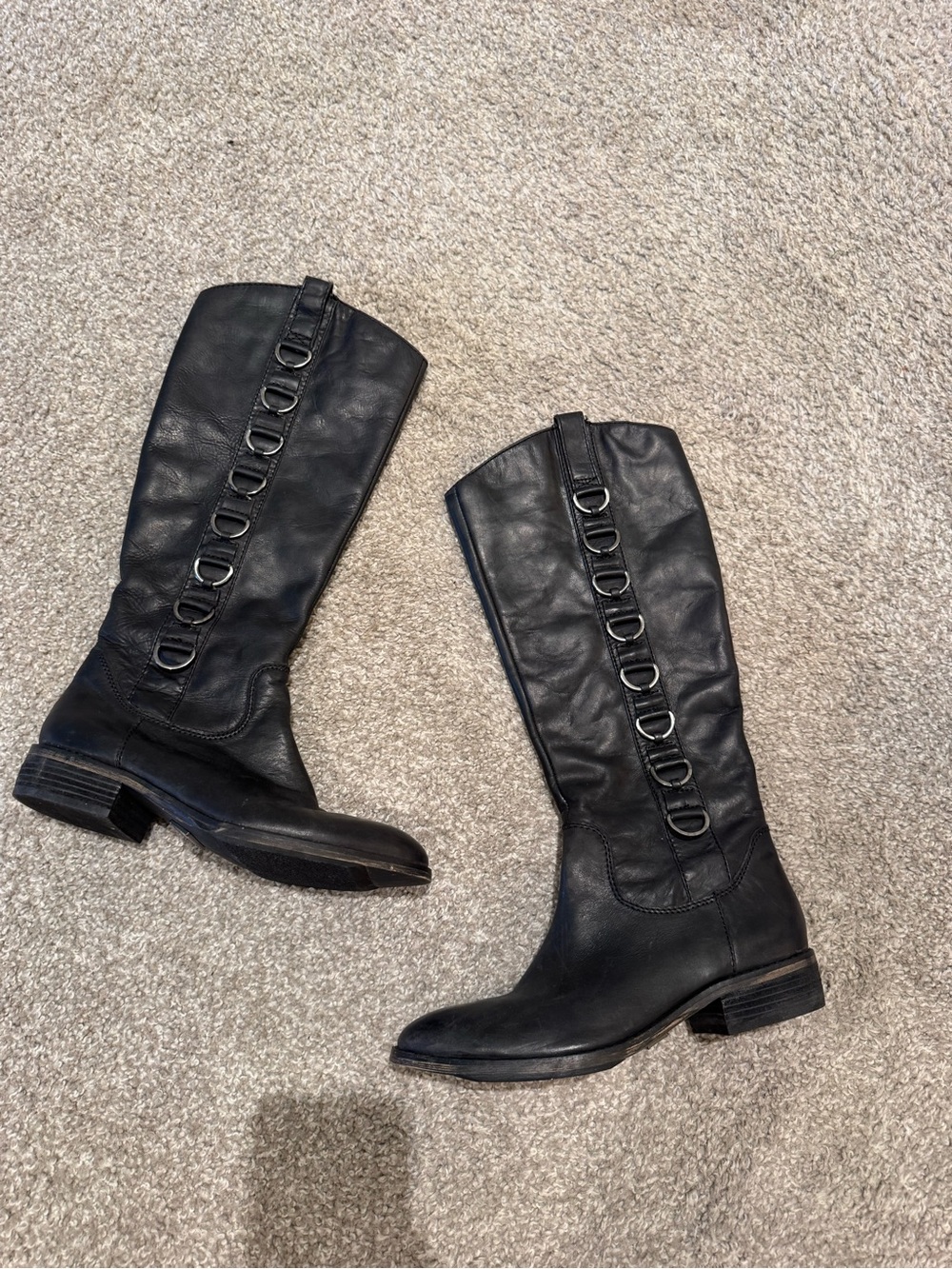 Women’s Black Leather Knee-High Moto Boots with Ring Detail
